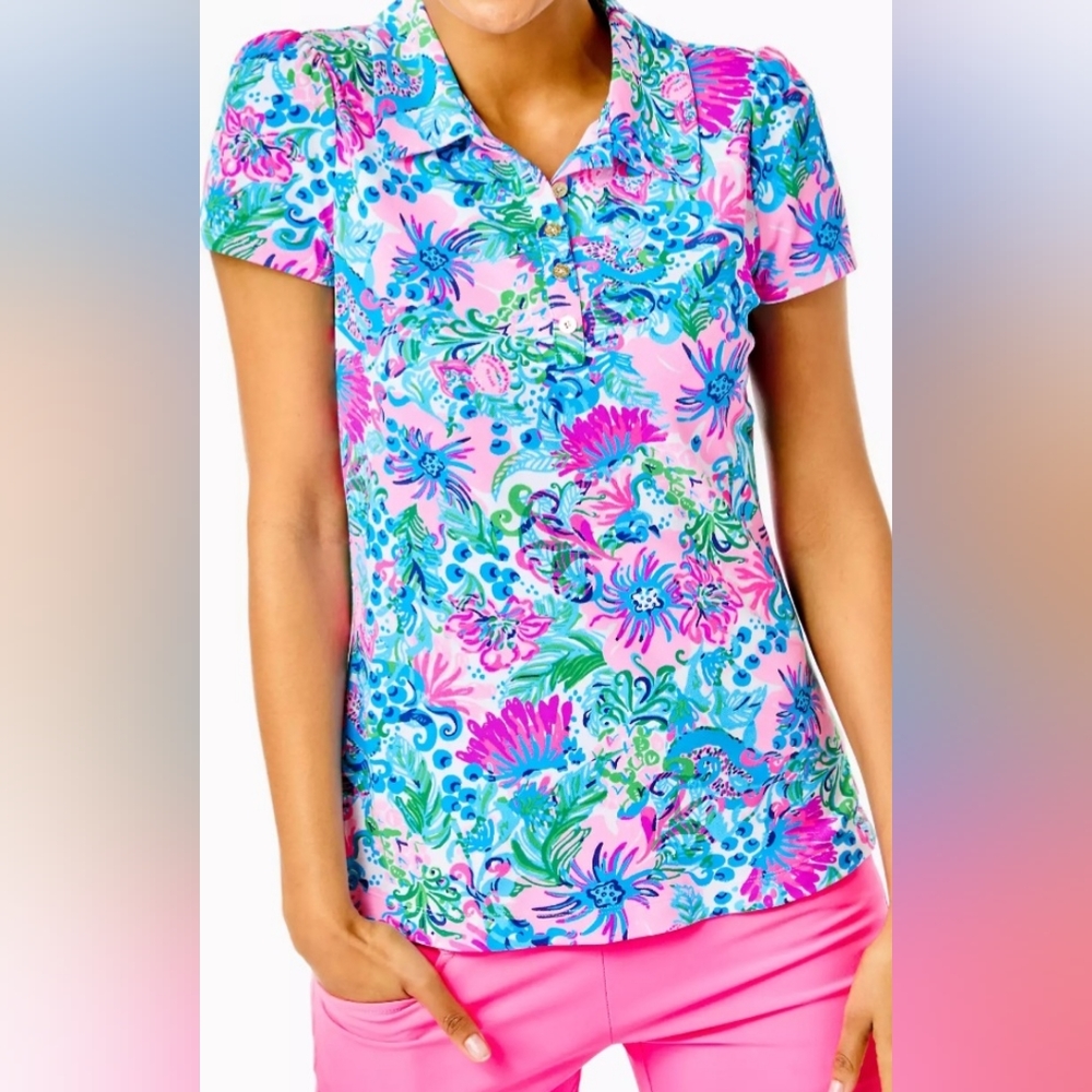 L pulitzer NWT UPF50 Luxletic Frida Puff Sleeve Polo Mandevilla Baby Paradis XS